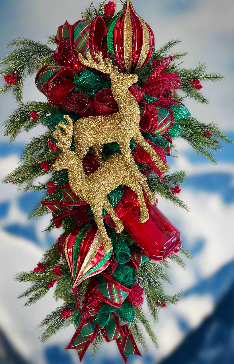 Golden Reindeer Front Door Swag
