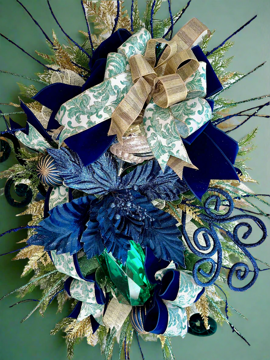 Emerald and Navy Poinsettia Wreath