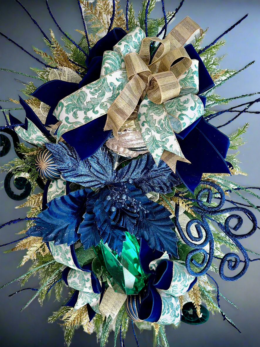 Emerald and Navy Poinsettia Wreath